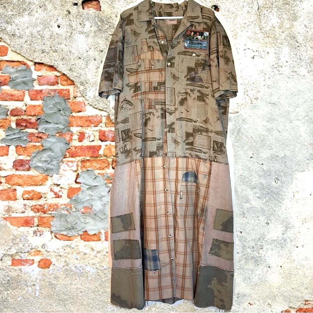 Upcycled patched over dyed fringe back sportsmen’s fish print plaid duster shirt